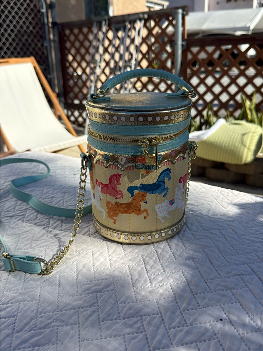 Loungefly Carousel Horse Round Crossbody Bag - Teal Trim with Gold Hardware - Picture 1 of 4